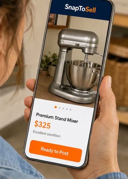 A completed SnapToSell listing for a stand mixer, ready to post for sale
