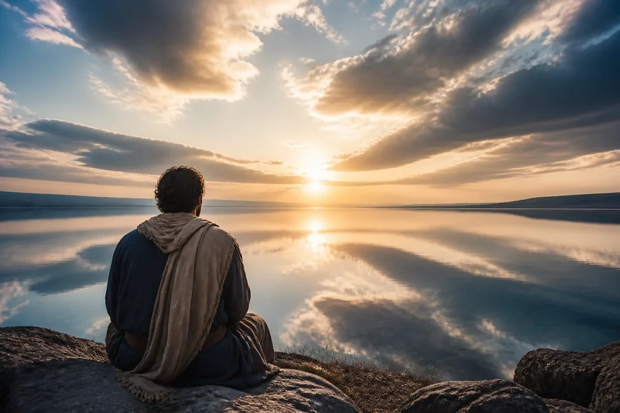 A person reflecting beside still water at sunrise